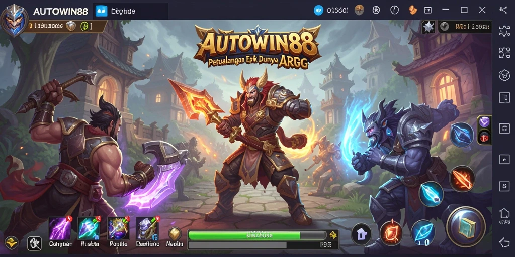 Screenshot gameplay AUTOWIN88 yang menunjukkan pertempuran seru dan karakter menarik.