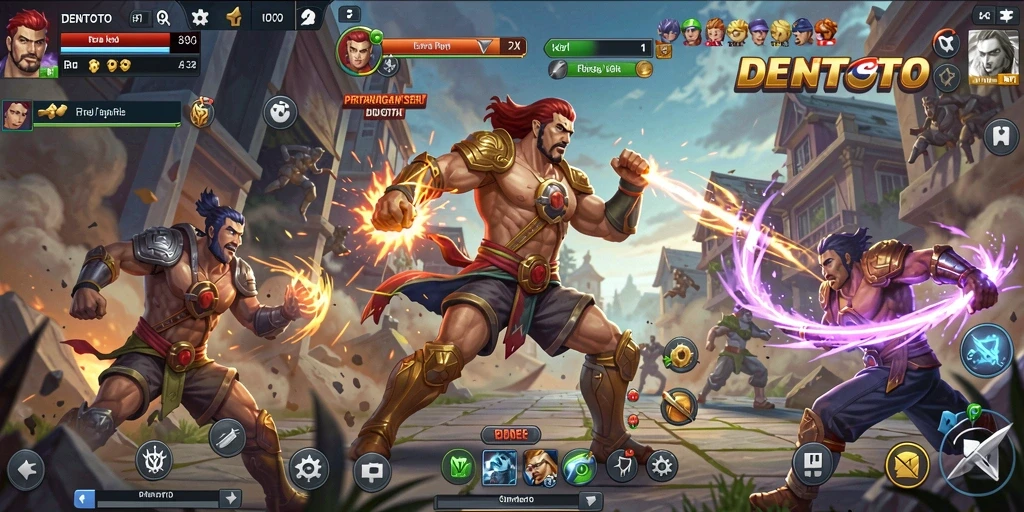 Screenshot gameplay DENTOTO dengan karakter bertarung di arena