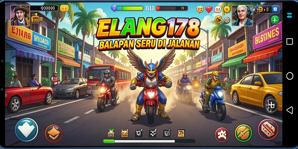 Tampak gameplay ELANG178 dengan mobil balap di lintasan yang dinamis.