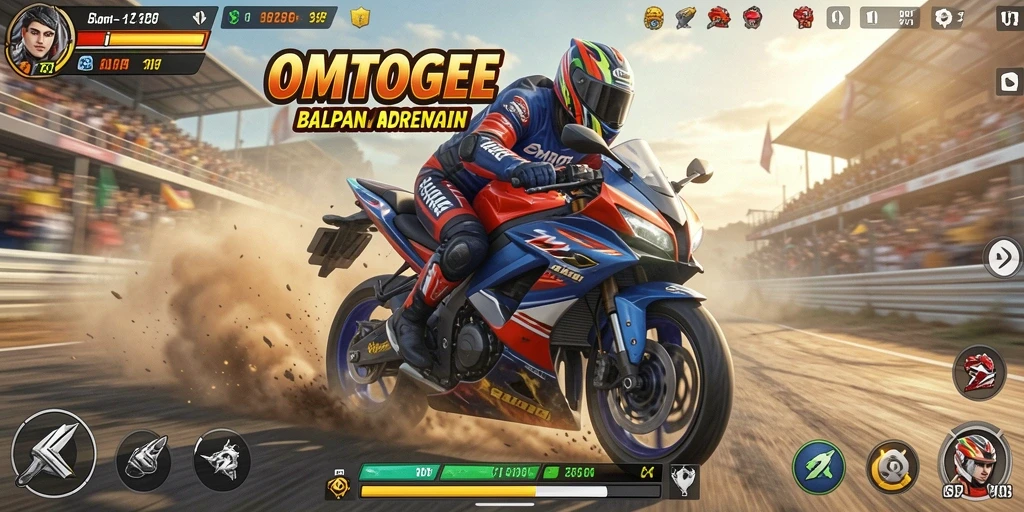 Screenshot gameplay OMTOGEL menampilkan balapan motor yang seru dan mendebarkan.