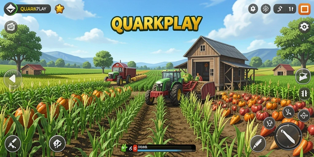 Gameplay seru dalam QUARKPLAY dengan pemandangan ladang yang indah.
