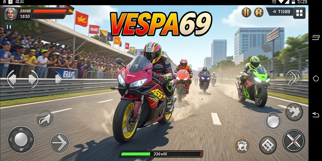 Tampilan gameplay seru dalam VESPA69 saat balap motor di trek menantang.