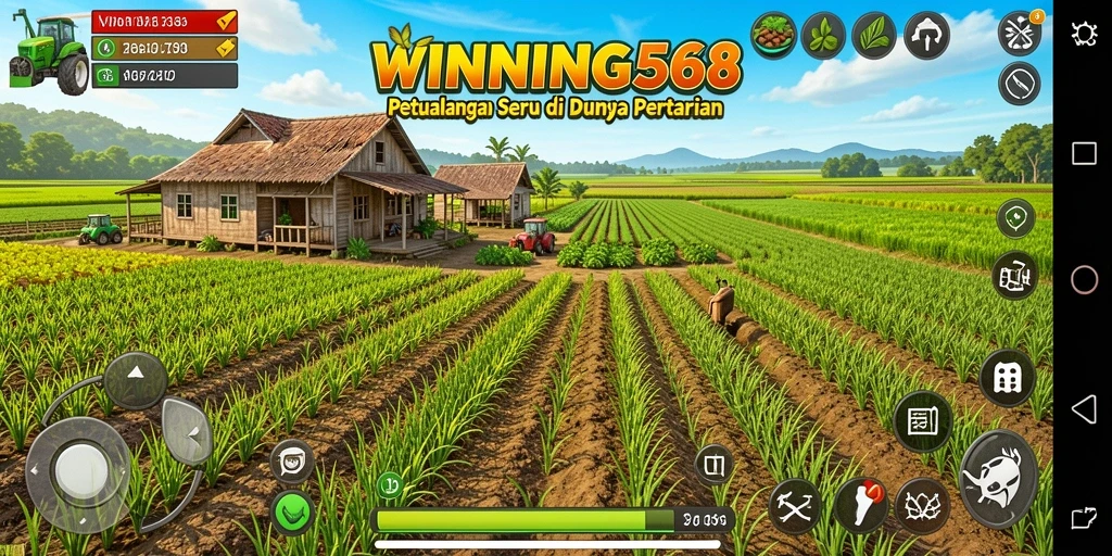 Tangkapan layar gameplay WINNING568 yang menampilkan suasana bertani yang cerah.